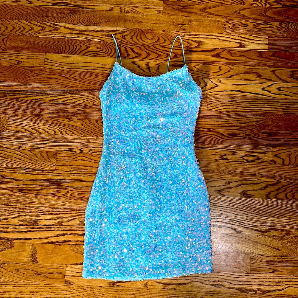 Cocktail/formal/homecoming dress size 3/4 small ice blue sequins stretchy